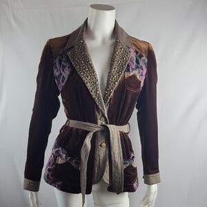 Custo Barcelona Belted Brown Velvet Blazer with Studded Accents 40/3
